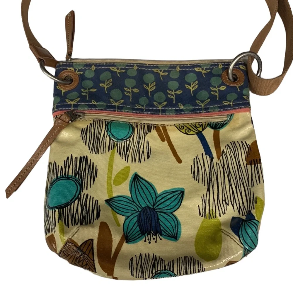 Fossil Key-Per Cross Body Bag Purse Hand Bag Floral Flowers Cream Blue Green